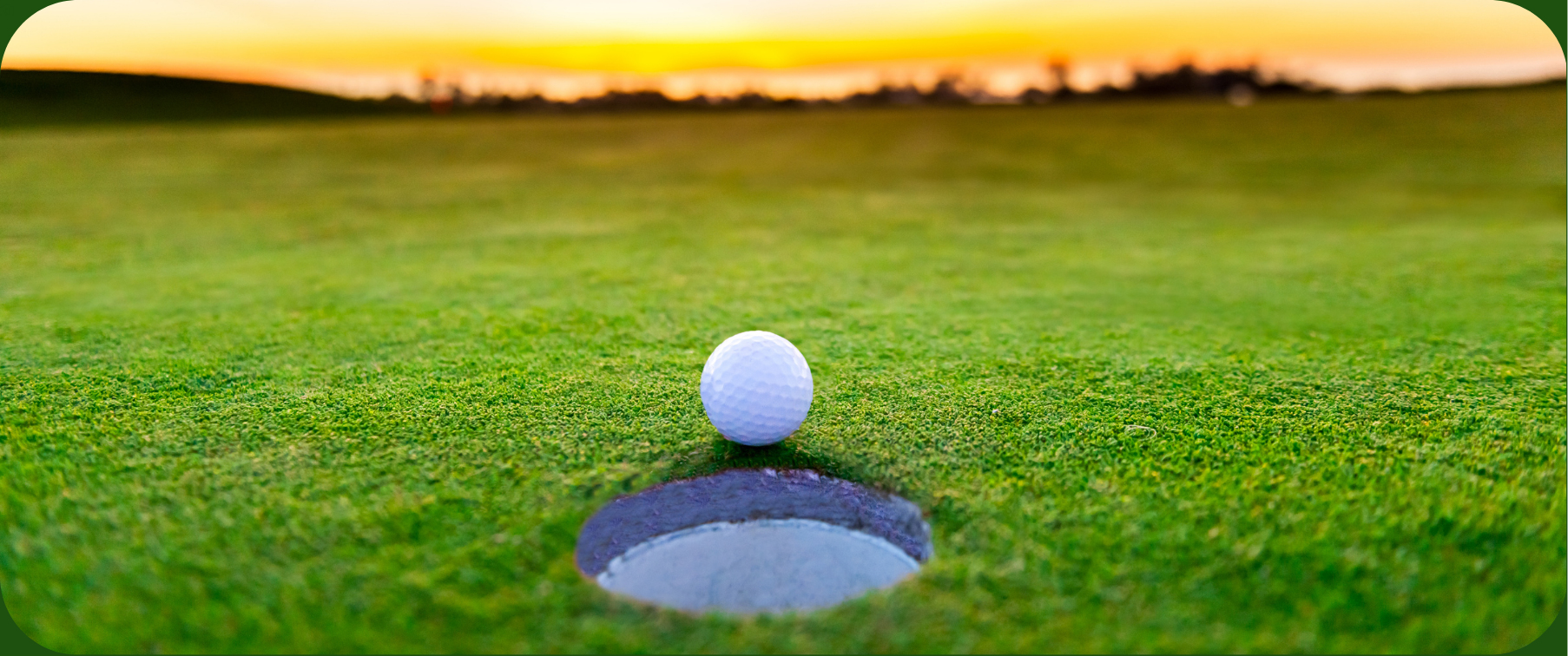 Golf ball on the lip of the hole on a green, late in the day