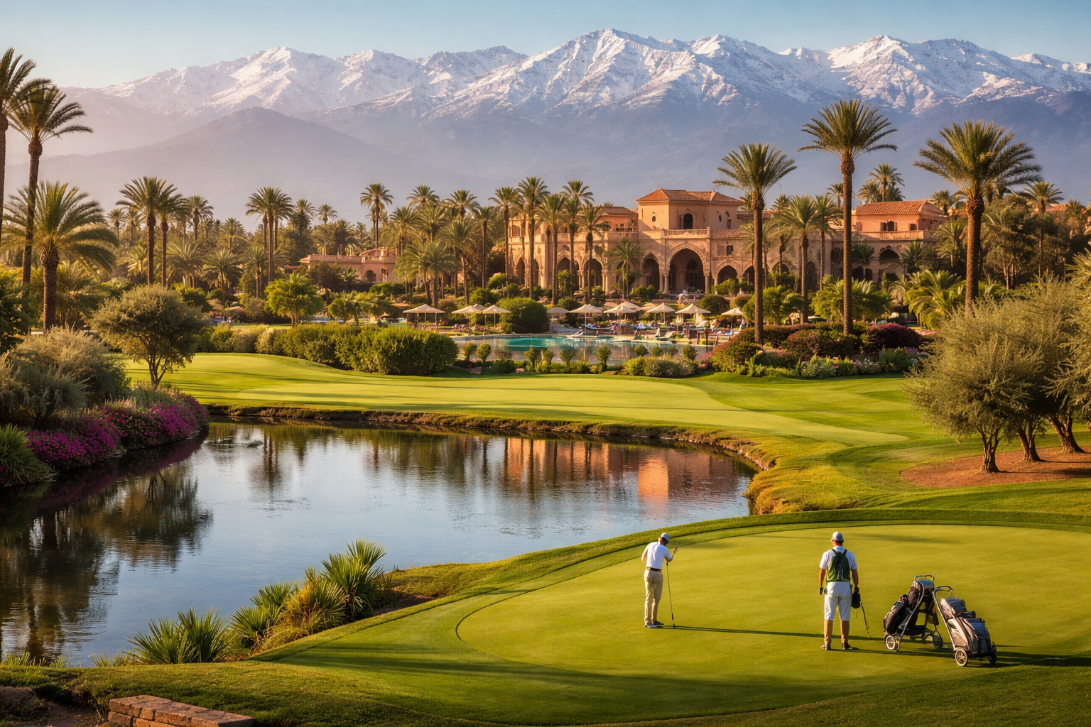Two golfers on a green beside a lake, with palm trees and the snow-capped Atlas behind
